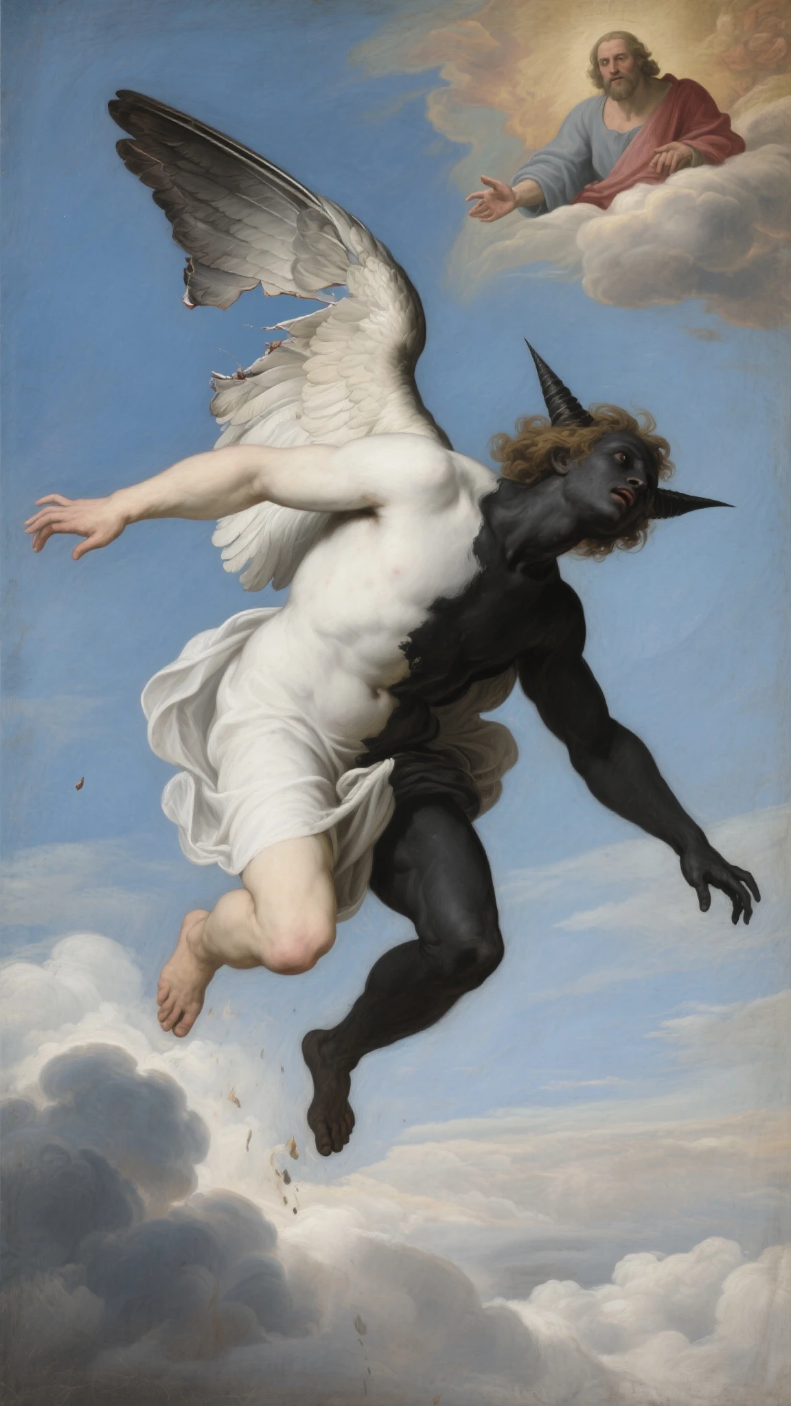 Renaissance oil painting by William Bouguereau winged ((Male demon)) male devil, skull, ((penis showing))