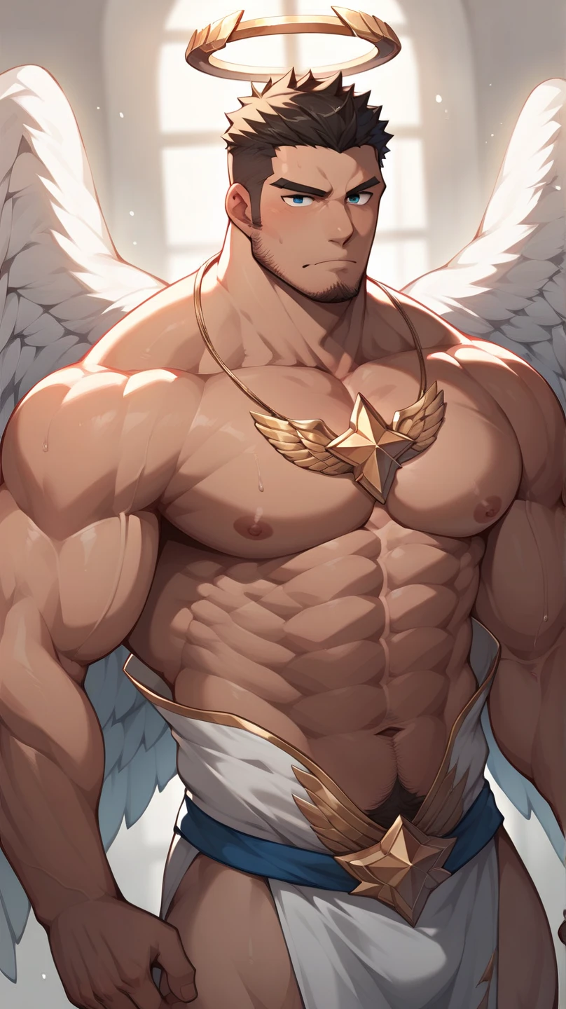 masterpiece, highest quality, (Focus alone), (Perfect Face:1.1), (Attention to detail:1.1),dramatic, (an alluring albino naked angel guy with long flowing pure white hair and piercing 黒い目),I can see your abs,Handsome,,Short Hair, realistic penis, long big dick expose, perfect pretty penis,