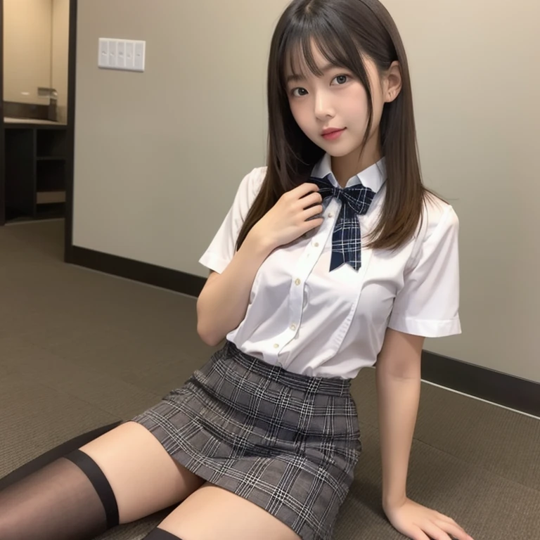 ultra highres,(reality: 1.4),highest quality, masterpiece, high detail, 16K quality, beautiful, 1 beautiful girl,japanese,super beautiful face,baby face,japanese idol face,cute face,super detailed face,detailed hand,beautiful skin,sweaty skin,big eyes,big smile,profeccional lighting,medium hair, black hair,brown beautiful eyes, see through white shirt,cleavag,checked skirt,sitting with knee up,((spread legs)),skirt lift,(((show off panty))),((white panty)),medium breasts,she is looking at the camera,modern style classroom,nsfw,from front,