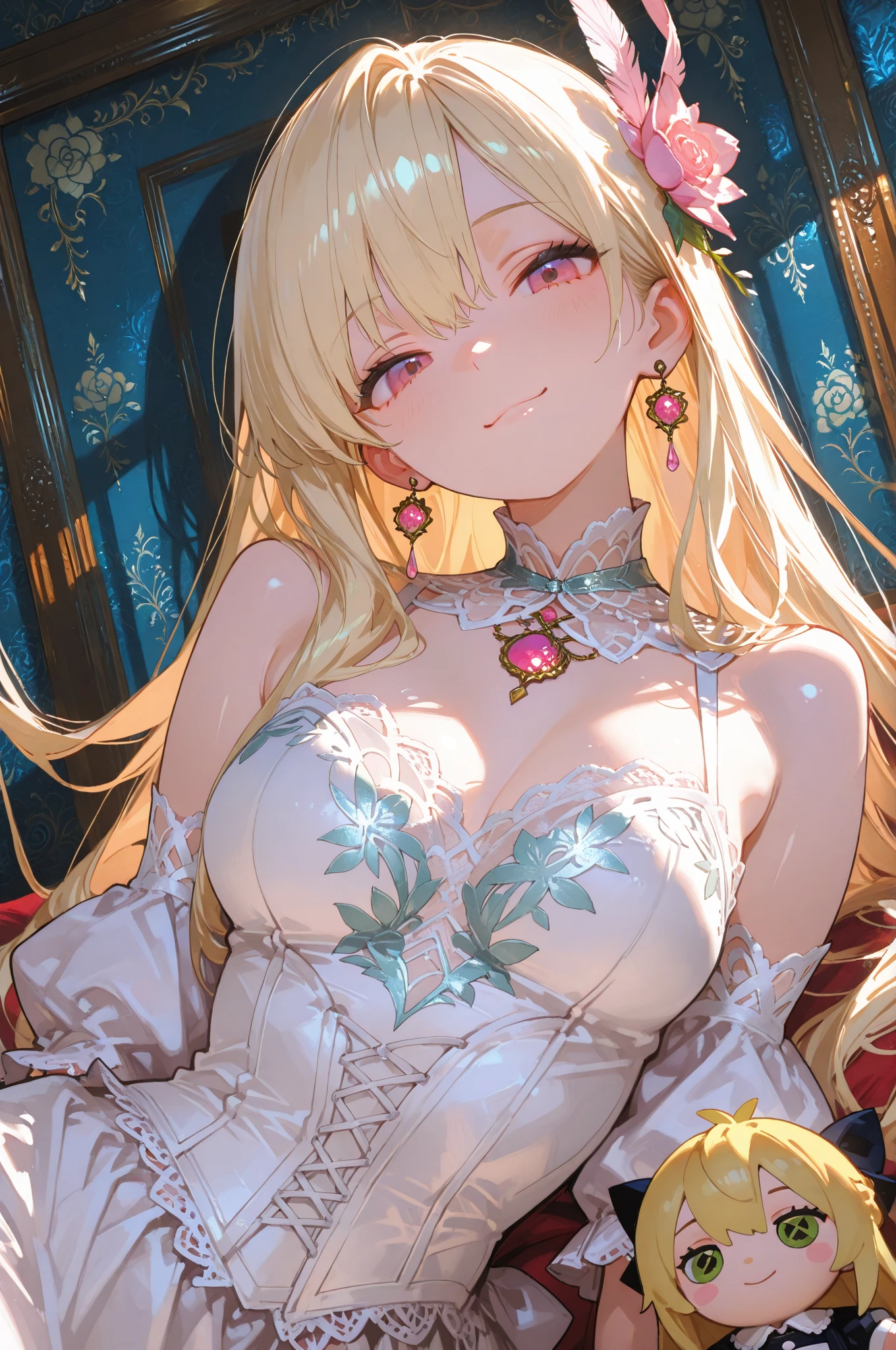 (Masterpiece: 1.4), (Best quality: 1.4), 8K, HD, ultra clear，1girl，（big breasts：1.4），long blond hair,(Heart-shaped pupil:1.3),(Tongue out:1.2),scared:1.3，(cry:1.4),Bare abdomen，White lace underwear，Skirt，（Looking up），Bedroom at night，necklace，Messy clothes