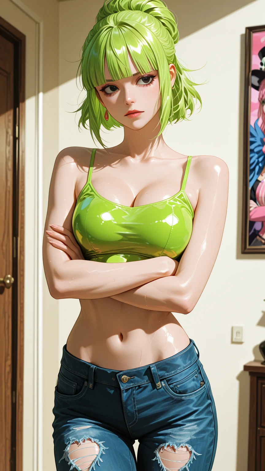 8K, Top Quality, Intricate Details, Ultra Detail, Ultra High Resolution, Masterpiece, close up shot, (full body: 1.1), (()), Slender, Smile, (Makeup: 0.4), ), (Fluffy Eyes: 1.21), (((( kung fu)))), 1girl, solo, 1 girl, ((green hair, high ponytail, bangs,, , purple eyes,)), close up shot, , ((tall)), (((fit body))), (((slim face))), sharp face, (( , naked )) , (detailed face), sharp face, small lips, ((kung fu )),
((, )), , ((,)), detailed face, detailed breast, detailed nipple, detailed hands , detailed fingers, ((large breast, huge breast)), detail ass, Narrow Waist, Skinny, slim tall , 195 cm tall, Muscular, Navel, Exposed Abdomen, Pointed Chest,, Beautiful girl with accentuated slender abs: 1.4, Six Pack Abs: 1.4, Bust Botox, Big, Perfect Body, detail leg, (( dark background)), black background,