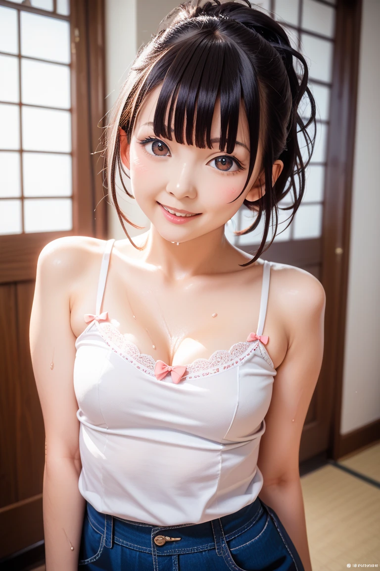 young cute girl, Glasses, Braids, Black hair, Brown iris, (Anime:1.5), (masutepiece, Best Quality: 1.2), (Ultra High Resolution: 1.2), (Raw photo: 1.2), (Ultra detailed CG unified 8k wallpaper: 1.2), (Beautiful skin: 1.2), (pale skin: 1.3), (Beautiful pretty face: 1.3), (hyper realistic photography), (Hyper sharp breast image), (Hyper detail oppa image), (hyper-sharp focus: 1.5), (Ultra Sharp Focus: 1.5), beautiful udder with tension, ((You can see beautiful nipples)),(Wearing white frilly string panties, thin see-through fabric), Wearing a garter belt, Wearing white stockings, very beautiful real skin, (彼女は足を広げてlaying on backに寝ます。raise both knees。I took off my uniform, spreading thigh, The crotch is visible), Loss of virginity,raise your knees high ,laying on back, ((Lie down)) , perfect anatomia,Detailed panties,detailed tits, Fatal position,Crotch facing me、Emphasis on the crotch。