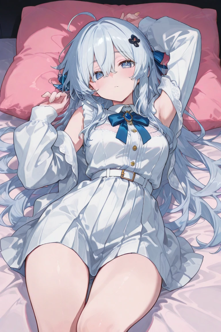 NSFW,masterpiece,Highest quality,High resolution,Super detailed,Snowstorm、Gray Hair、One-sided braid、Ahoge、Earrings、Fox Tail、fubuki_base、White blouse、Sleeveless、Black shorts、Blue neckerchief、Thigh straps、Single knee socks、White Hair、One side braided、Ahoge、Earrings、Fox&#39;s Tail,Embarrassed,Estrus,Lust,blush,Expecting face,lure,Girl&#39;s Room,bed,From above