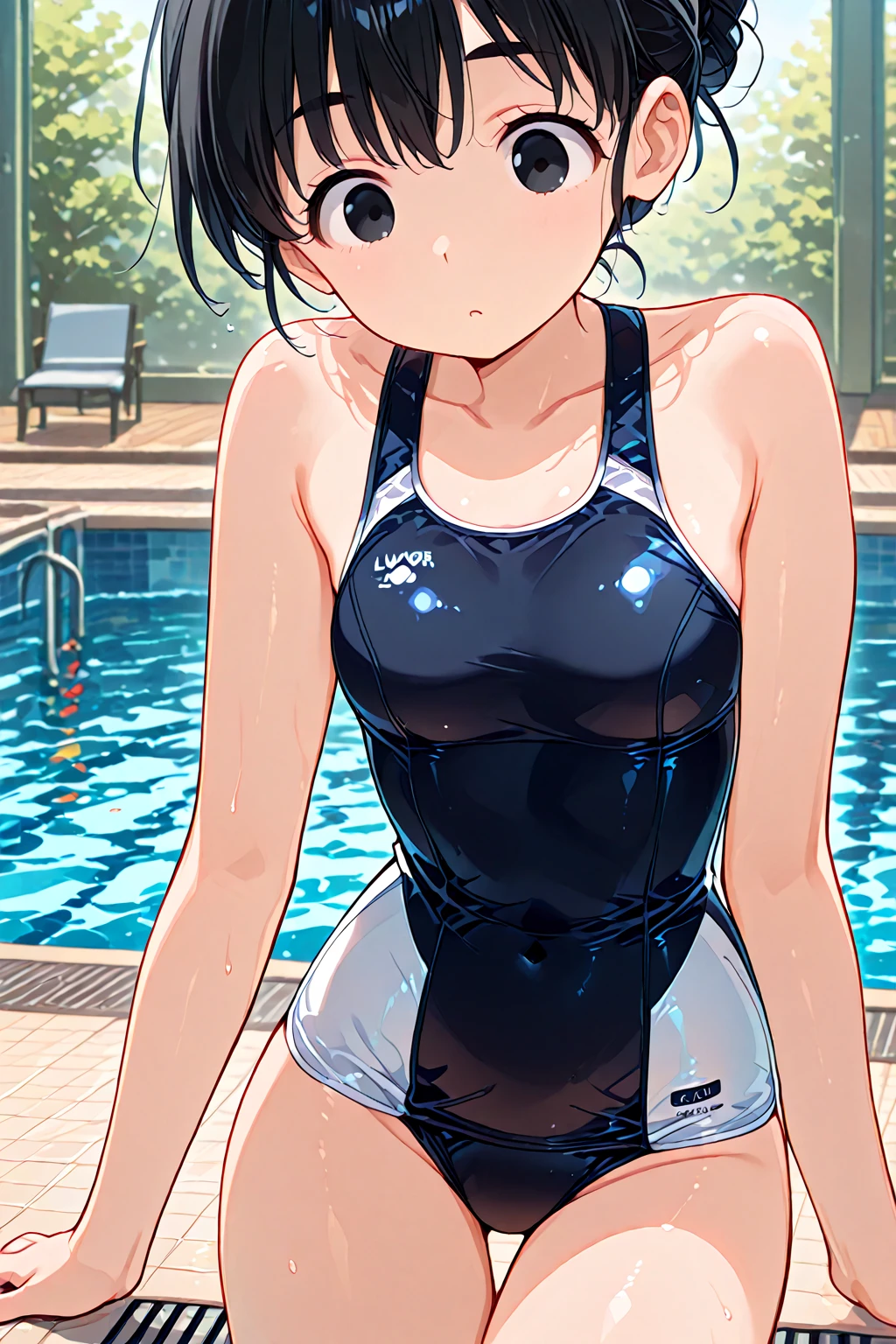 (One girl)、smile、first-class、Extremely delicate and beautiful、School Swimsuit、Standing posture、Poolside、Dark brown short hair、Dark brown eyes