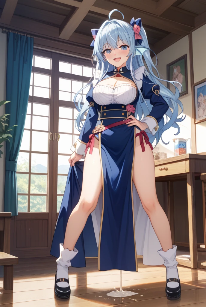 a woman in a short skirt and boots standing in a room, , diosa del anime, chica anime seductora, ella tiene un vientre redondo, gordo y ondulado, large muslos, oppai, exposed muslos!!!, mejor valorados en pixiv, agua de konosuba, muslos!!!, the anime girl is crouching, estilo carril azul