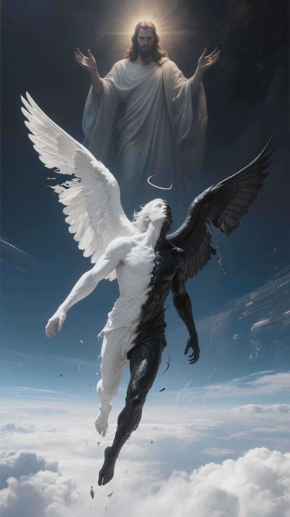 Masterpiece, high quality, Man without face or physical features, Angel wings, a giant eye flying in the head, morbid appearance, not mouth, no eyes on face, floating eyes, biblical angel, imposing aura, NOT clothes, nor gender traits, hairless