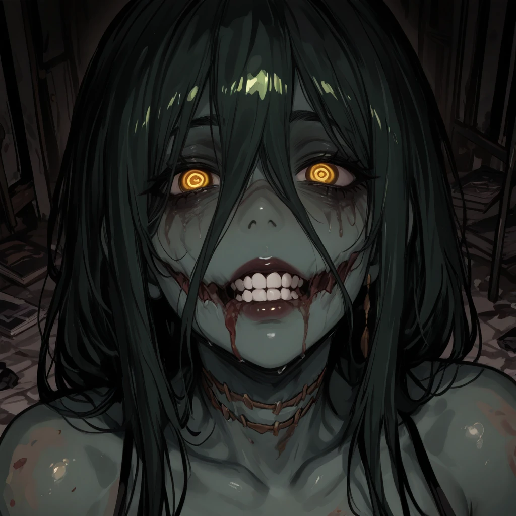 Anime zombie undead girl, slitched face, scars an face, black sclera, shark teeth, glowing eyes, smug face, vile, pale green-ish decayed skin, black tank top, eletric colar, cute