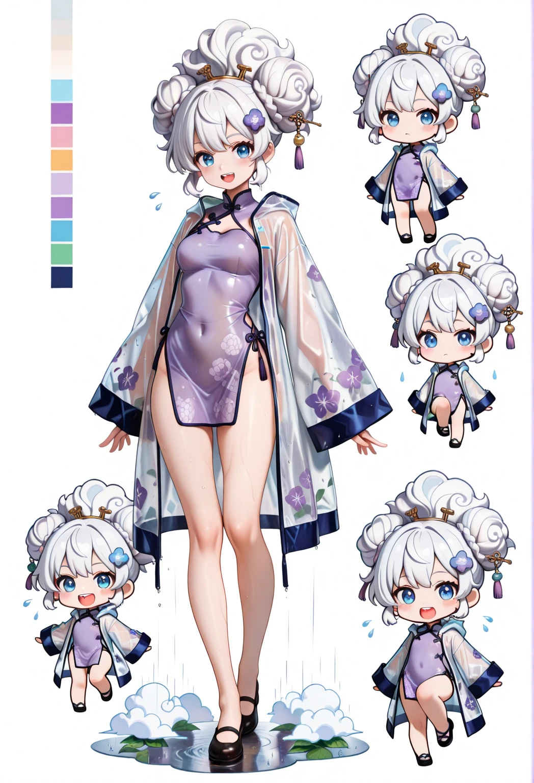 score_9, score_8_up, score_7_up, masterpiece, highest quality, perfect features, highest resolution, 8K, amazing quality, narrow eyes, clear eyes, 1girl, solo, ((chibi)), short, (bun hair), ((bun hair with cloud pattern, big cloud hair ornaments on both sides, rain-like drops flowing from the cloud hair ornaments, 💧 hairpin)), white hair with purple stripes, medium hair, double teeth, narrow eyes, blue eyes, short hair, purple cheongsam, hydrangea cheongsam, girl in cheongsam, slit, raincoat, translucent raincoat, (large colorful band aid on one knee), CharacterDesignIllustrious,,,reference sheet, simple white background, (color guide:1.2), (multiple views), (full body), dynamic pose, 色々な表情, 喜び, 怒り, 悲しみ, リラックス, 泣く