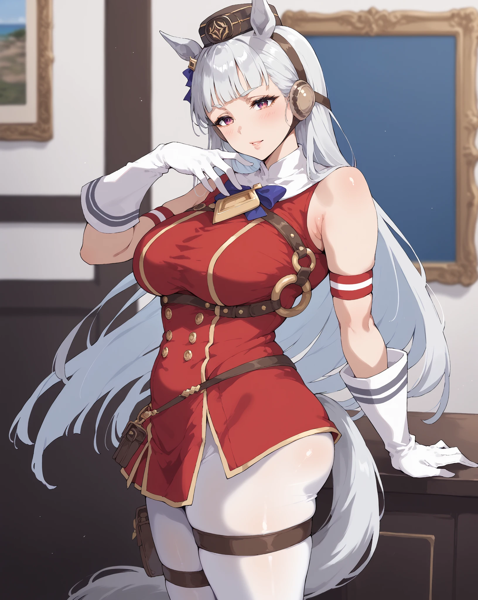 (SFW quality), score_9, score_8_up, close-up picture shot of a 28 yo milf, Gold Ship, (close-up 3/4 body view), (mature woman artstyle), soft friendly face, sensual erotic lips, large heavy naturally saggy erotic breasts, plus-size sexy body curves, big mature woman with fertile body and child-bearing hips, (large erotic arms), oh my god that arms are so sexy!!, (bushy ash-blonde grey eyelashes), amber HD eyes, ((soft motherly neutral expression so tender)), 3/4 body view of a cute and attractive young milf, BREAK, maintain eye contact with viewer, gsdef, purple eyes, grey hair, horse ears, blunt bangs, long hair, pillbox hat, horse tail, red dress, sleeveless dress, double-breasted, white gloves, white pantyhose, thigh strap, high heel boots, white footwear, BREAK, from side, (SuperQuality:1.0) ~ (SuperQuality:1.2)