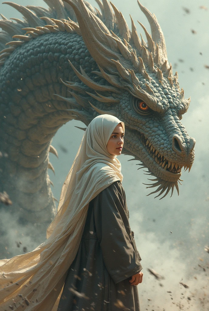 Create a scene where the Malay girl in hijab and malay women traditional attire is riding a majestic, photorealistic dragon through the skies. She's a dragon tamer in a breathtaking aerial adventure. style raw, pastel color grading, Super 8mm lense, Extreme close-up, Deep Focus cinematography effect,high quality,