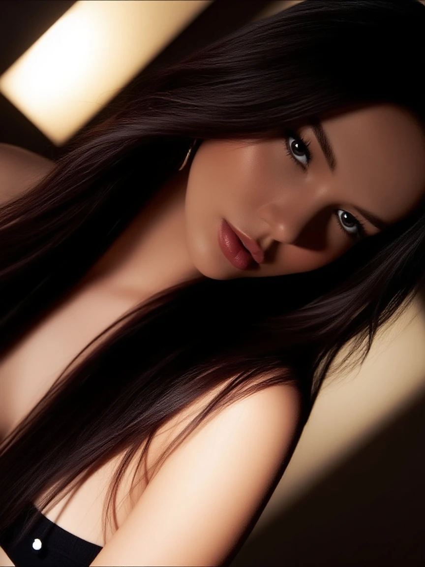  brunette de 32 ans, tanned skin, Longhaire, nue, stocking, sexly, seductive, dark plain background, maquillee 