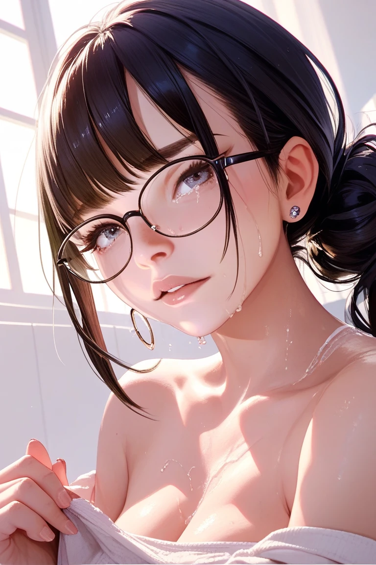 Erotic、Bedroom、Completely naked、slender、Smooth, very beautiful, white skin A girl about 10 years old、Expressionless Glasses、Black Hair、Sweat、Close-up of face child Small Big eyes Small breasts Open your mouth very wide Teeth are visible Mouth up Blowjob