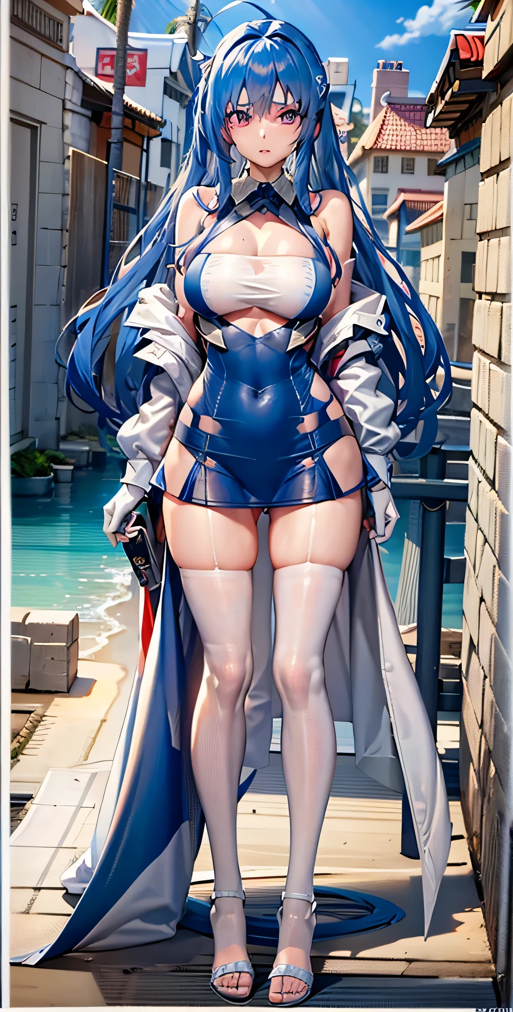 full body toe to head, masterpiece, 1soloMILF BIMBO standing - Helena Azur Lane - helena_(retrofit)_(azur_lane),multicolored dress,microdress,buttons,blue thighhighs,double-breasted,taut dress,garter straps,short dress,underboob cutout,device