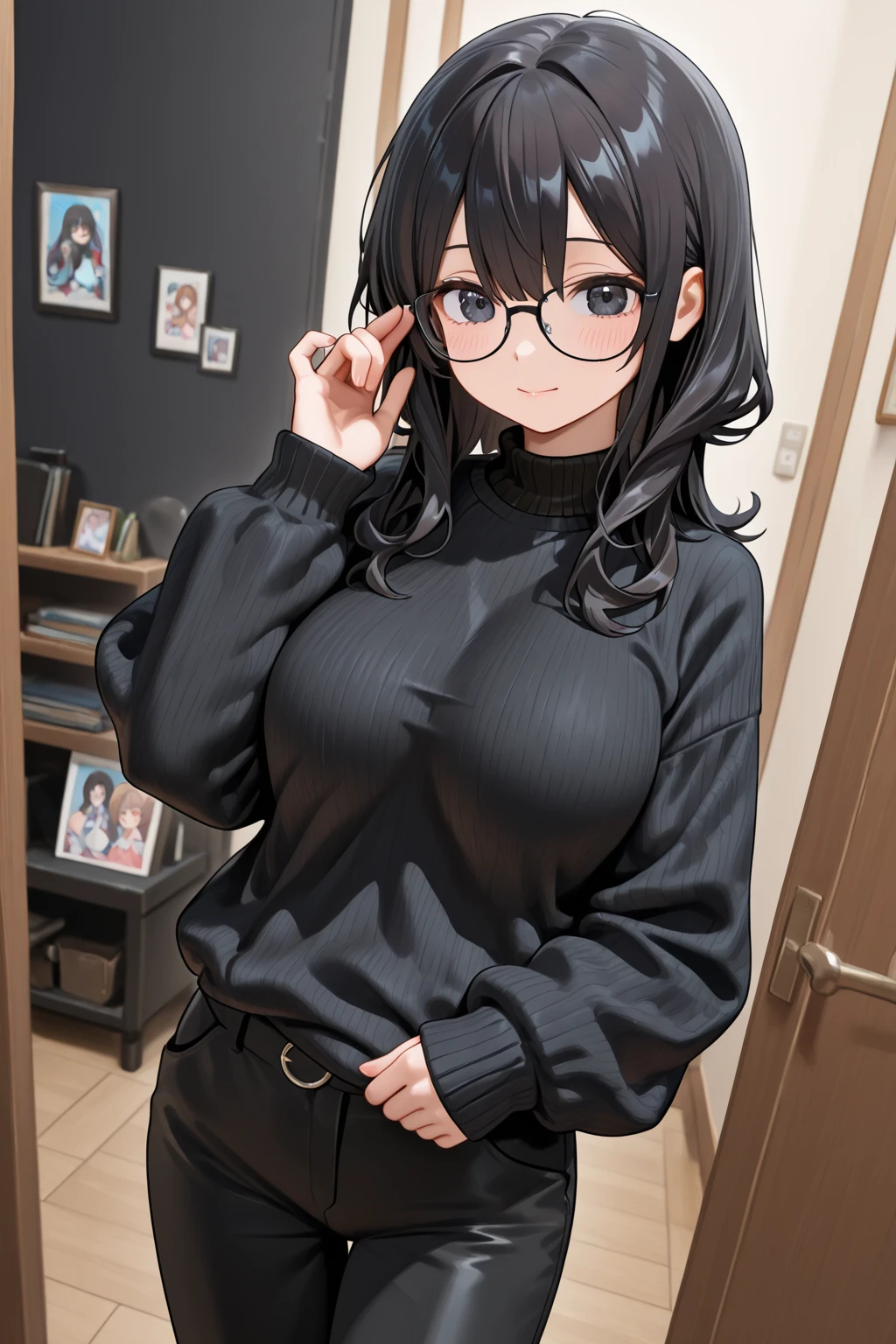 skinny girl,Bob hairstyle,with glasses on,dressed in sweater,stockings on the legs,Sexy,Home
