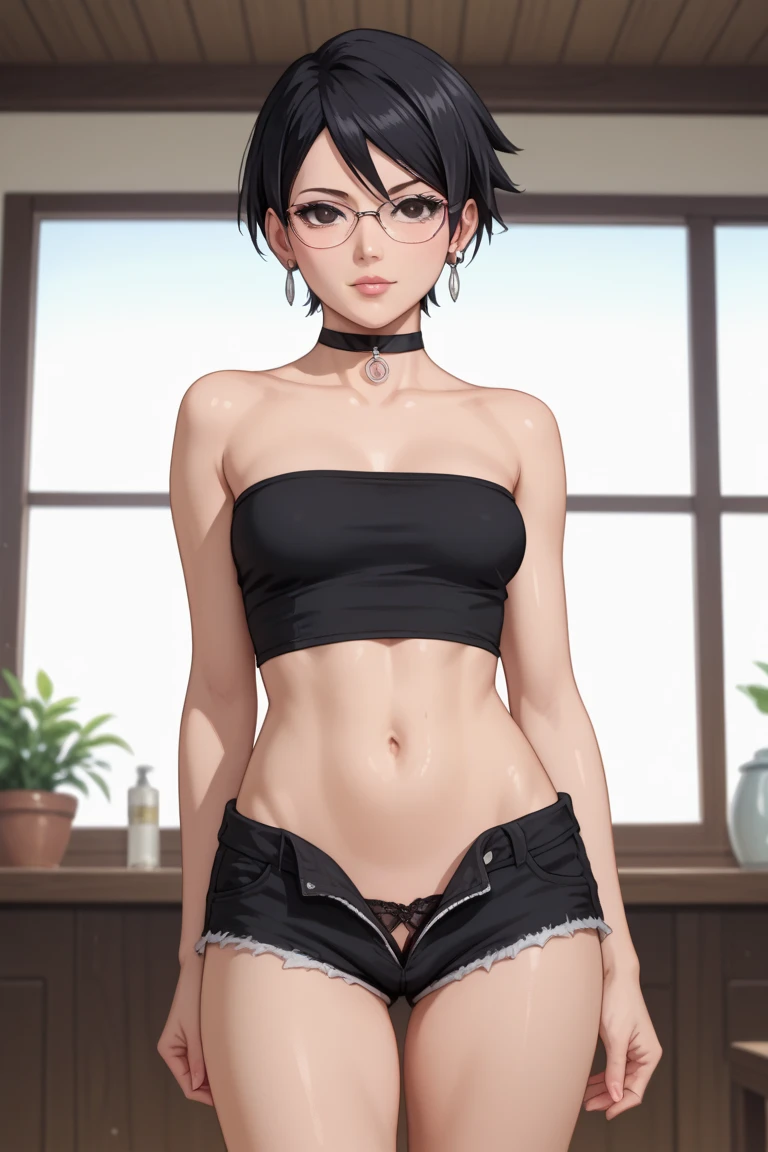 masterpiece, best quality, ultra detailed, ultra high resolution, very detailed face, solo, (((20 years old girl, just standing at the center of the large hall, upper body only, triangle bikini, slim body, black shortbob hair, small breast))), ((serious face)), (exposing the six pack abs:1.15), ((audiences)), indoor