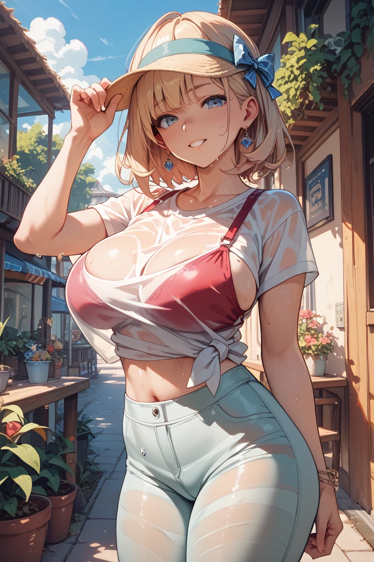 masterpiece， The best quality at the best.， 1 girl， mito ikumi， big breasts，Off the shoulder clothing，Sexy servant，Is shy，smile，with blonde hair， long white hair， （blue eyeballs:1.4)， forehead protection， The cherry trees，Flying cherry blossoms，Red clothes. big tits, bare and muscular abdomen. scantily clad, bare tits. fur. tender, neko kawai cat ears. Ahegao, scantily clad. Wearing a crop top that covers half of her , loose and big but short top, loose top half tits cover. Posing, shy. Sexy perfect female body. underboob, underboob, underboob. fur, fur, fur. Callejon japones de adoquin, csasa de madera japonesa a los costados. Collar grueso de mascota puesto, collar grueso de mascota ajustado al cuello, collar grueso de mascota ajsutado. Collar grueso de mascota, collar grueso de mascota, ajustado al cuello, correa de cadena. Correa al cuello, correa, correa, correa de mascota, cadena.