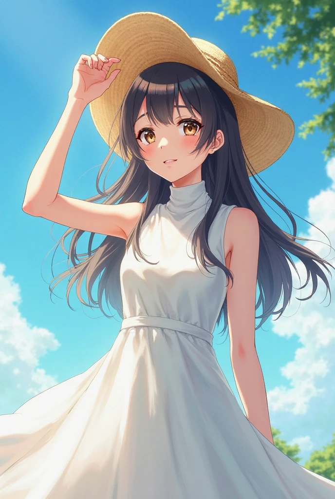 absurdres, 1girl, ocean, railing, white dress, sun hat, smile, (realistic:0.75), (waving:0.9),