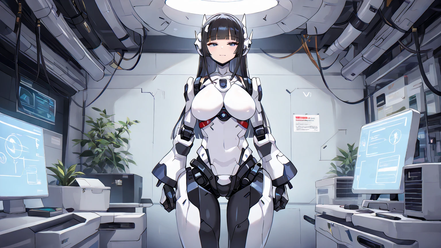 masterpiece, best quality, extremely detailed, (8K, 4K, Best Quality, 8k portrait, Japaese android Girl,Plump , announcer,control panels,android,Droid,Mechanical Hand, Robot arms and legs, Black Robot Parts,Black hair,Mechanical body,Blunt bangs,perfect mechanical abdomen,White robotics parts,perfect robot woman,future laboratory,cyber pank,charging spot,laboratory,long tube,thick cable connected her neck,ceramic body ,perfect mechanical body, white robot body,mechanical ear cover,android,robot humanoid,black sponge joints,The removable cover is in the groin,The connection port is in the groin,opened chest panel,access panel on the chest,opened breast panel,perfect mechanical breast,white machine body,white robot body,white ceramic breast,perfect plastic breast,She has repaired,assembly plant,miniskirt,pantsuit,business suits,beige pantyhose,flesh color stockings,perfect cyborg girl,