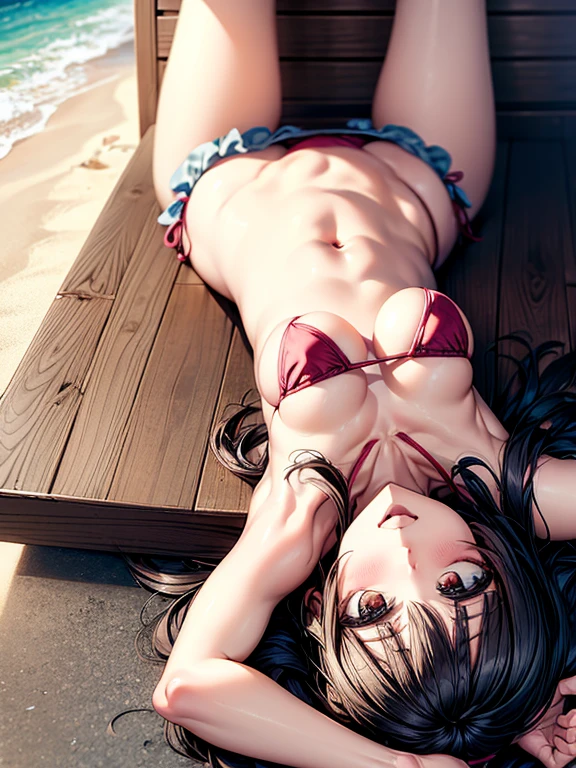 Very sexy woman with red hair, long hot legs on the beach, sunbathing with bikini and glasses, lying on her back amaca,