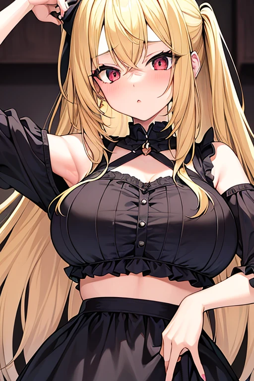 1girl, masterpiece, high quality, huge breast, bright breasts, looking into camera, safe, marin, shining , blush face, marin kitagawa, long hair, bangs, blonde hair, (red eyes:1.5), multicolored hair, standing, black lace dress, cleavage