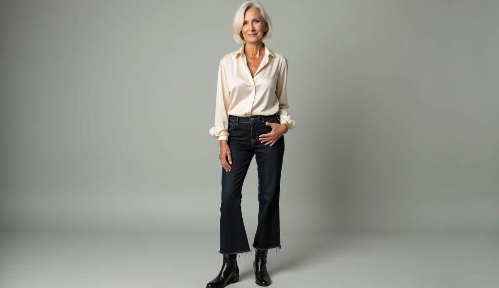 An old woman wearing a white satin shirt, une jupe en cuir noir et des cuissardes