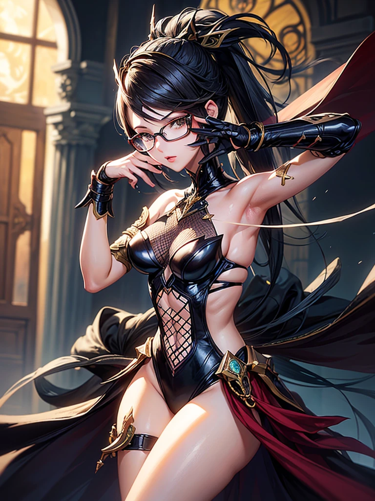 yoshida akihiko, 1girl, bravely default: flying fairy, bravely default \(series\), Nier, final fantasy, black eyes, eyeglass, red gloves