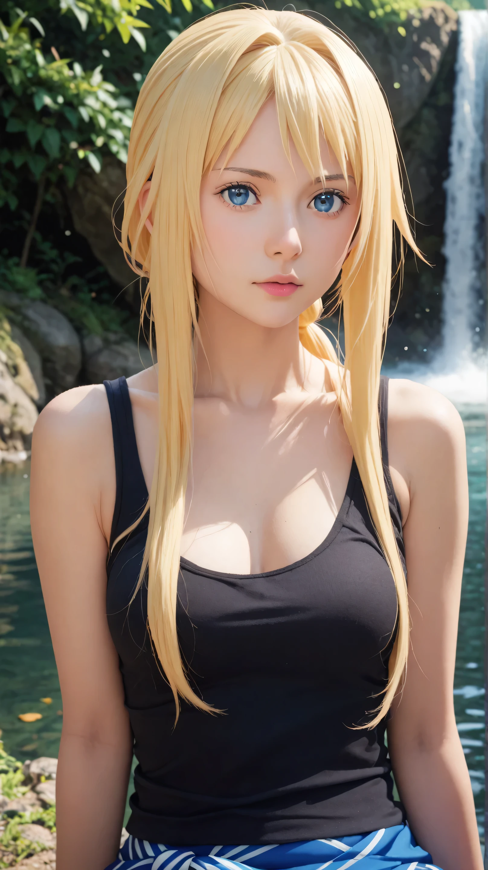 Chica de anime (Alice lendrott) ,rubia ,ojos azules piel blanca, delineador en los ojos, cara hermosa , busto grande y cintura delgada grandes caderas anchas piernas torneadas, posing in lingerie and making a gesture of tenderness, unas negras y detallado perfecto HD, bright landscape with water and vegetation, en bikini sexy