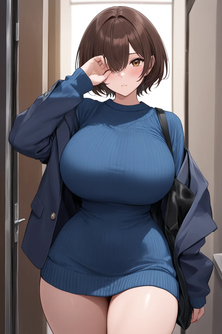 1girl, ((drooling,Spittle:1.3)),(short brown hair with bangs), (blue eyes), big breasts,(blue sweater dress),(cleavage:1.1),shy, full-face blush, stores cities ,32K,16K,4K,8K,best quality,masterpiece,ultra high res,professional lighting,physically-based rendering,(beautiful background illustration),