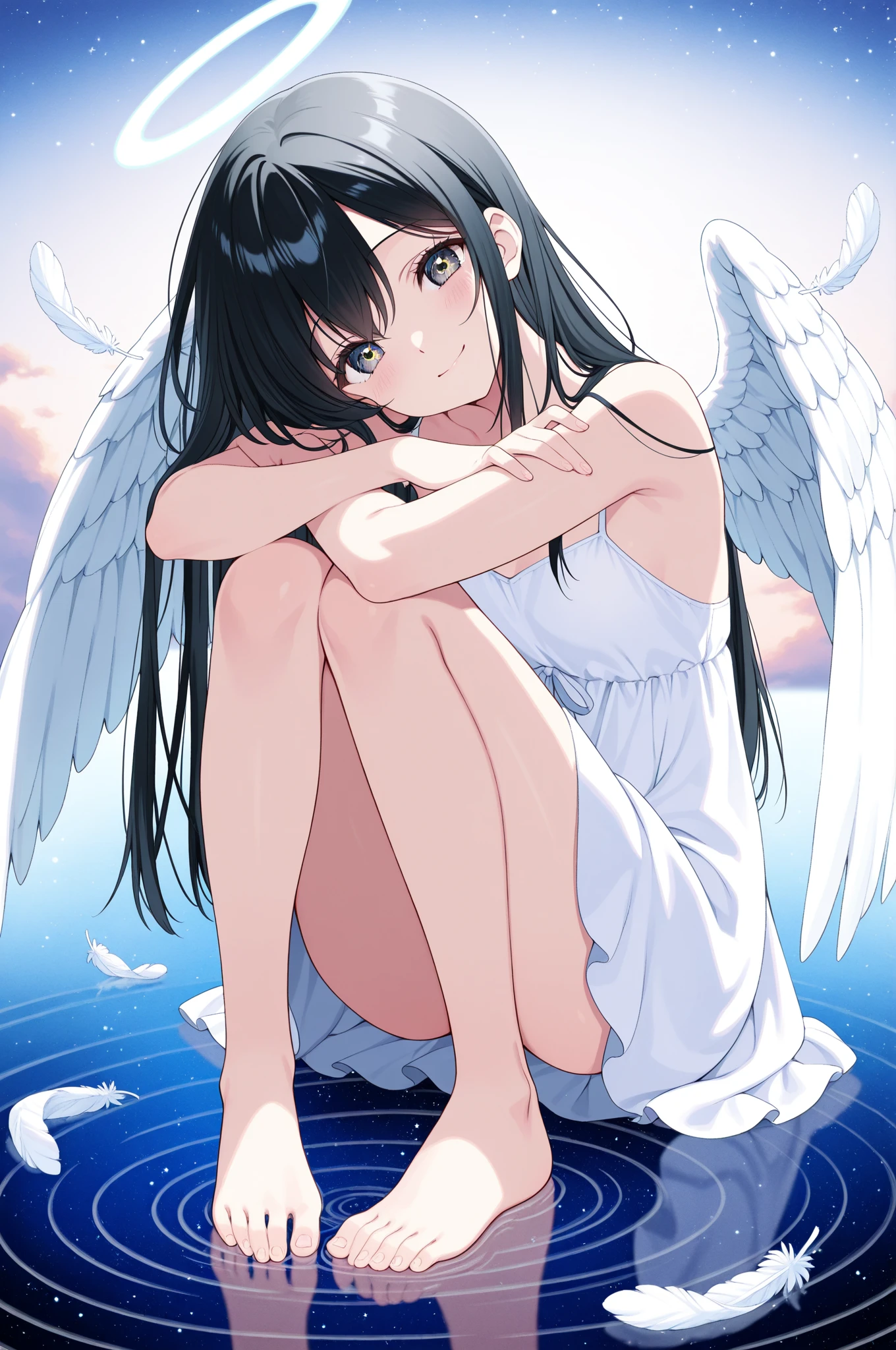Dream concept, female angle, beautiful face and wings, in cloudy atmosphere,