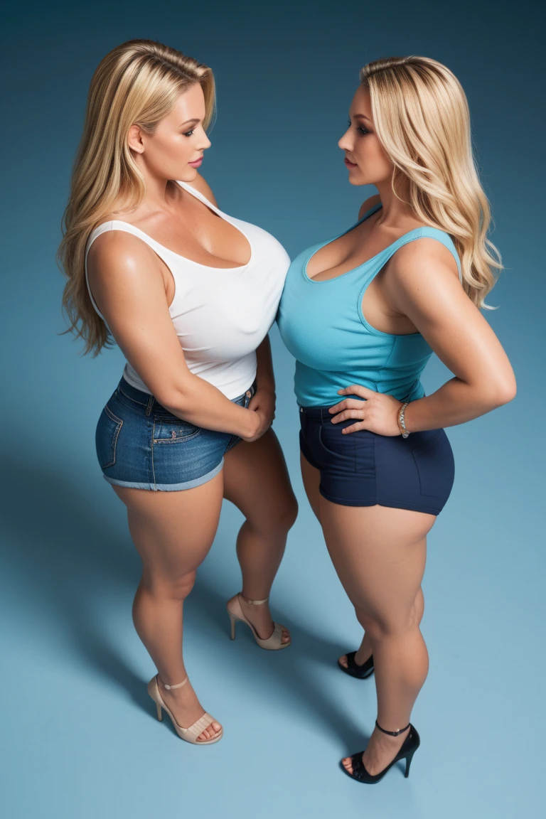 (ugly face:0.8),2heads, two-headed woman, curvy, Irish, blonde, age 29, one torso, casual Tight shorts, beautiful, happy, trileg,