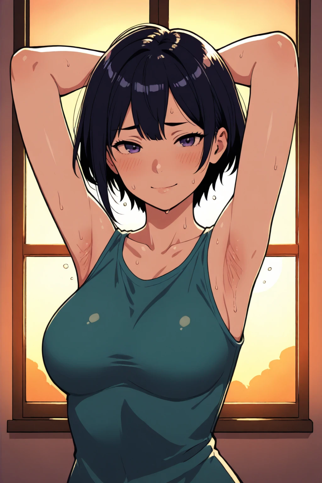 masterpiece, best quality, himeno, looking at viewer, very large breasts, upper body, portrait, looking at viewer, seductive smile,put your hands behind your head, armpits, armpits visible, sweaty armpits, backround on gym