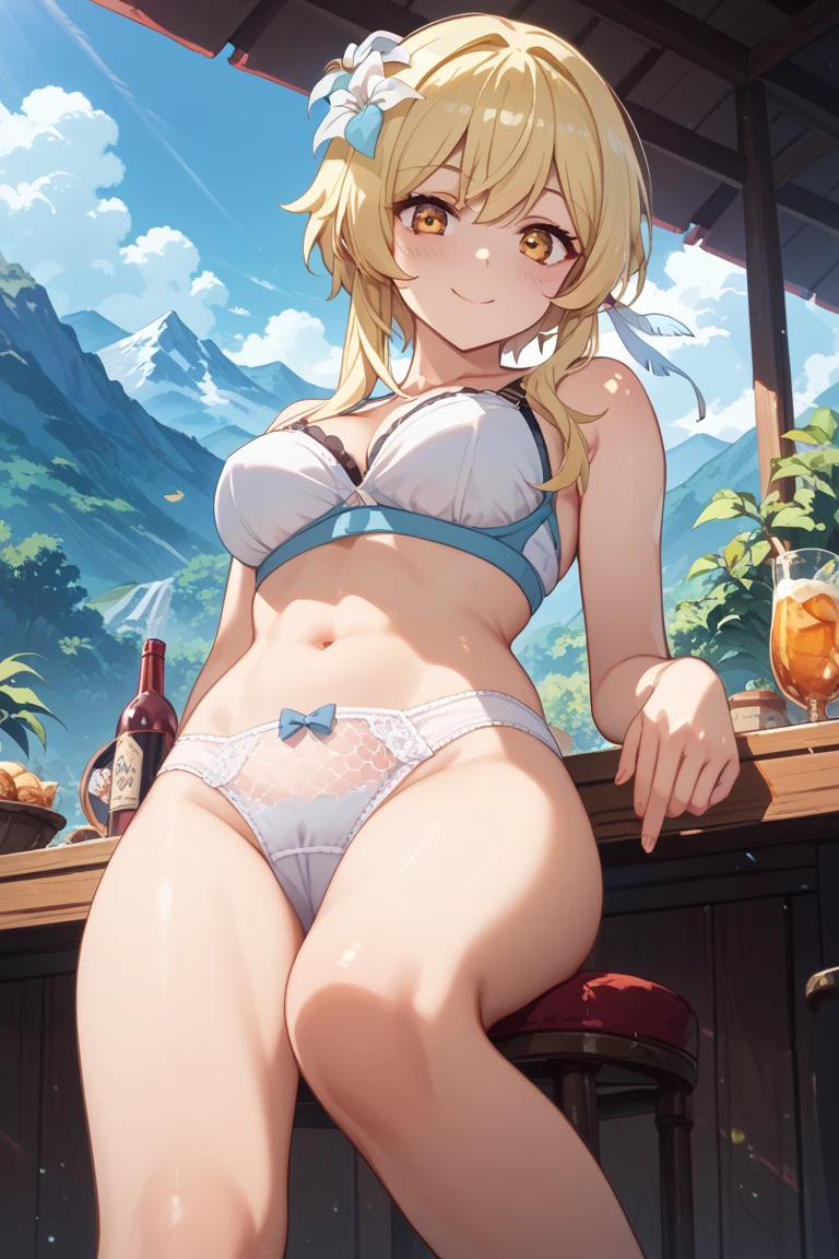 ((topless)), nsfw, masterpiece, 1 girl, erect nipples, nipples, navel, necklace, scottish kilt, smiling, hair ornament, bare breasts, bare stomach, sweaty, cowboy shot, small breasts, puffy nipples, hair ribbon, texts, bare arms, collarbones, blonde, flower crown, smiling, petite, flat chest, blue eyes, scottish skirt, small breasts, child, apple basket, farm, alpine, temperate, , slim waist, snowy mountain