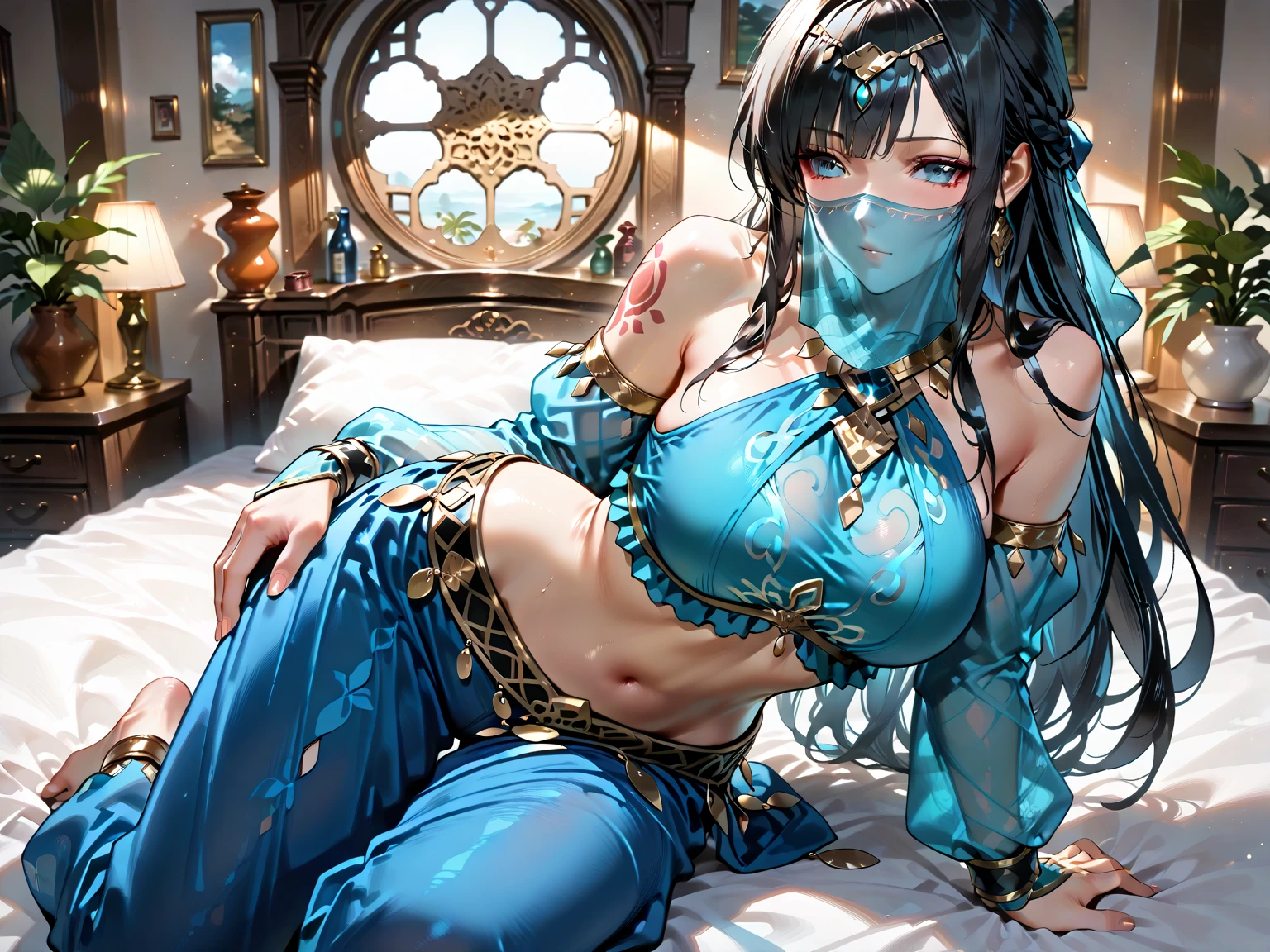 a young brunette woman descended from Cleopatra, with fair skin, dark brown hair, a provocative and seductive look, with a certain touch of naughtiness, an attractive body that draws attention, she wears a veil that covers a large part of his face and only leaves his blue eyes visible. real woman style, she  lying on a bed in pajamas and reading the book on her stomach, and the soles of her feet are visible for you to look at from behind. ultra realistic image, 8k --auto --s2