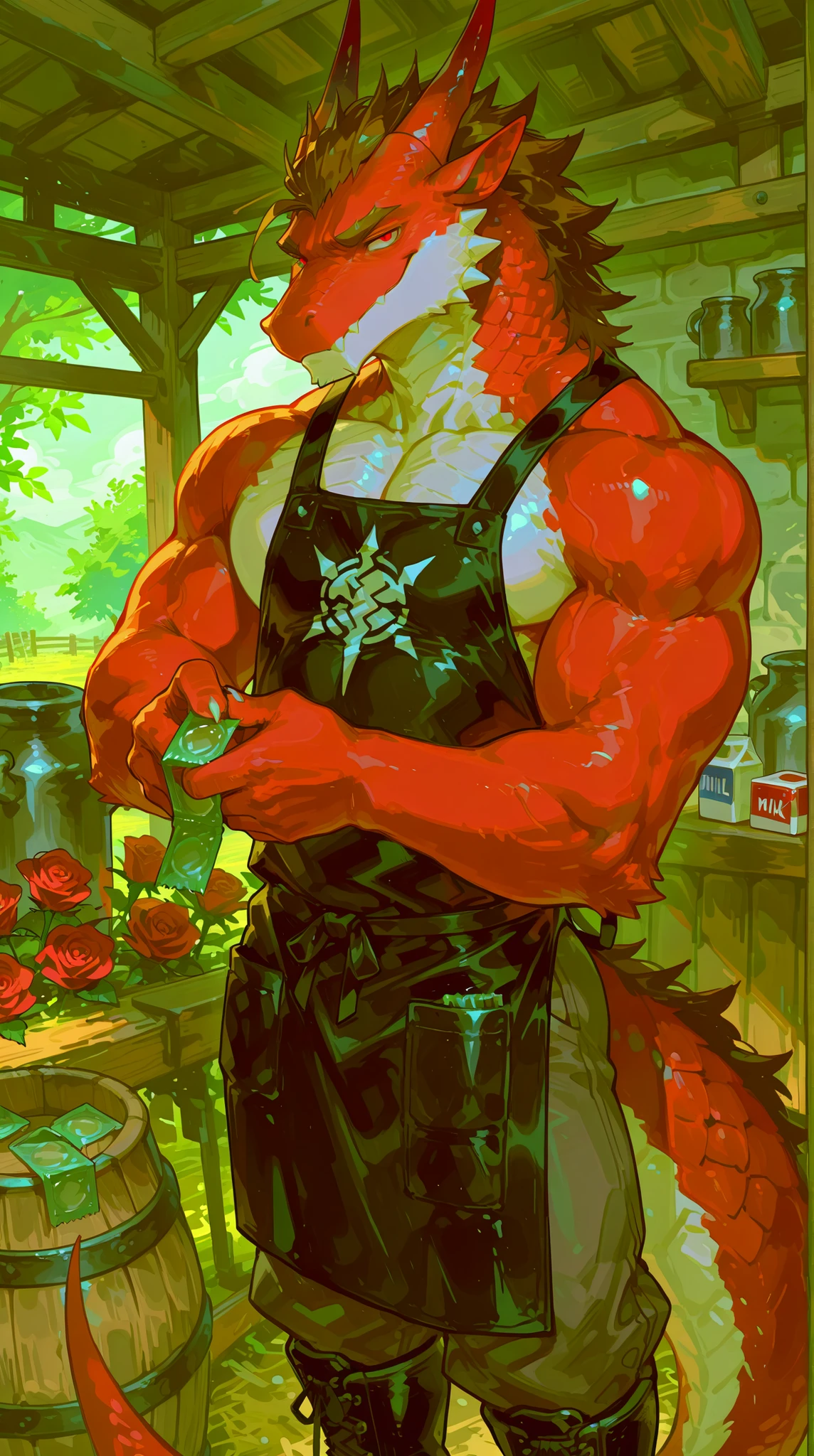 A muscular male red dragon beastkin with brown hair, blood-red eyes, rose-red curved horns, red scales covering his body, white abdominal scales on his torso, white chin scales under his jaw, thick long tail coiled slightly behind him. He is wearing a tight black leather apron over a sleeveless crimson vest, revealing his muscular arms and chest, with dark pants tucked into rugged boots, emphasizing his role as a milk supplier. Standing in a rustic dairy farm background featuring wooden barrels labeled "Fresh Dragon Milk", metal milk churns, and shelves stocked with condom boxes in the dimly lit barn setting. He is holding a newly opened condom packet in one hand, winking with a sly smirk towards the viewer, as if teasing about product testing. Masterpiece, best quality, 8K resolution, HDR, 4K resolution, sharp focus, vibrant colors, anime cel-shading style: Semi-realistic anime with detailed furry features.