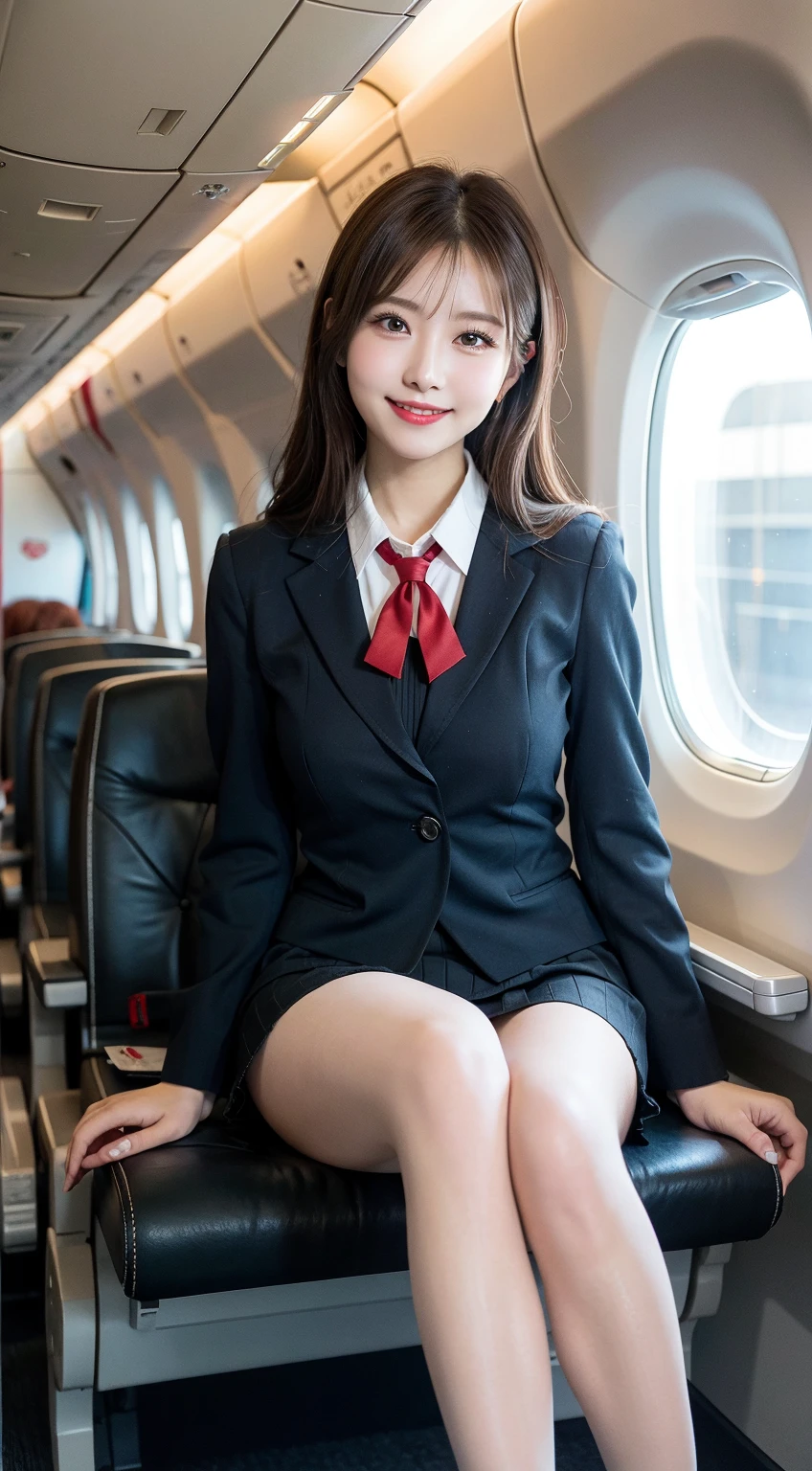 (8K high image quality), (top-quality), (RAW image quality),(masutepiece:1.2), (Realistic), (Photorealistic:1.37), ,largeeyes,long eyelasher,(Live-action realistic style),The Ultimate Face,Photorealistic light and shadow,Clear facial features,,Fair skin, ),(The Ultimate Face,Extraordinary beauty),Best portraits, 1-girl,Beautiful detailed eyes,highlydetailed skin,(Beautiful face with double eyelids), (Realism: 1.4),((fullbody image)) ,delicate and beautiful face,,Female about 20 years old,(Beautiful Face 1.4),Hair length is random,((Your smile is so lovely)),((Show your audience your best smile)),(red lipsticks,Lame around the eyes,earring beautiful),((Shot on an airplane)),(Standing,),(Flight attendant uniforms)),red lipsticks,Lame around the eyes,(Flight attendants in uniform),,(sitting on,cowboy shot),Shoot head-on,,Close-range shooting,,I have brown hair,(),((Flip up the skirt to reveal the panties))Show me your white pantyhose