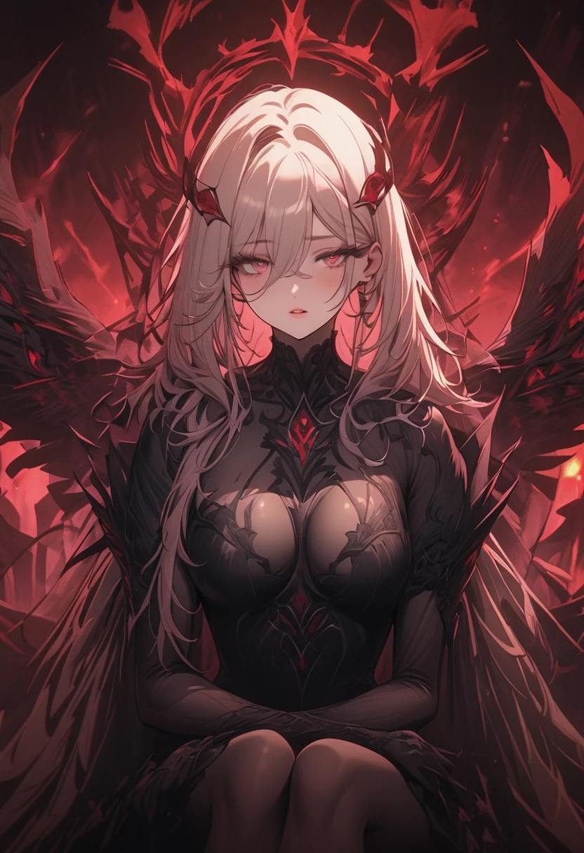 a beautiful long-haired girl with pink eyes, demon horns, demon wings, and a mischievous expression, (best quality,4k,8k,highres,masterpiece:1.2),ultra-detailed,(realistic,photorealistic,photo-realistic:1.37),intricate details,cinematic lighting,dark fantasy,vibrant colors,dramatic shadows,moody atmosphere,digital painting,black hair