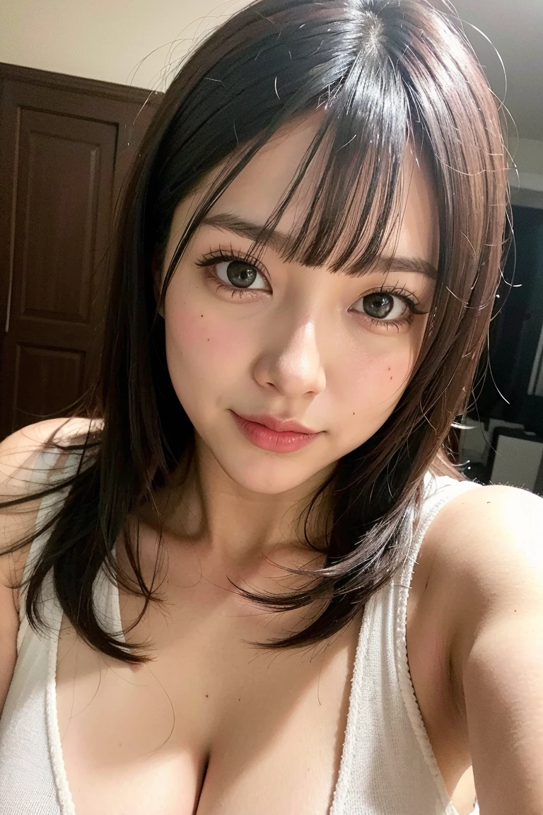 ((Selfie 1.6))((Smile 1.6))、front、Close-up face、Wavy Hair⦅Looking into the camera⦆Black-haired、With bangs、Highest quality, Masseter muscle area, Ultra-high resolution, (Realistic:1.4), RAW Photos, high resolution, High definition, masterpiece、18-year-old girl、In the apartment