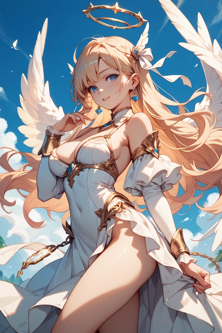 4k,High resolution,one woman,blonde,long hair,Braid,blue eyes,big breasts,Valkyrie,White sacred leotard armor,High leg,Winged headgear,White Holy Boots,jewelry decoration,Holy Sword,temple in the sky