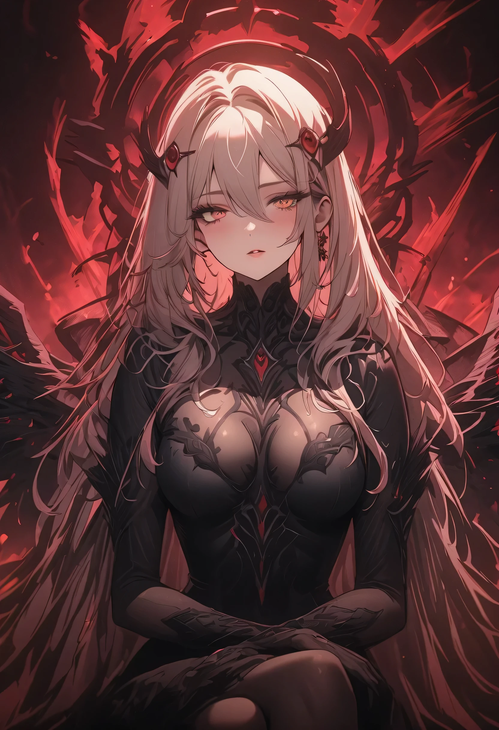 ((Masterpiece, top quality, high resolution)), ((highly detailed CG unified 8K wallpaper)), (huge stunning goddess shot, very hot and sexy, jaw-dropping beauty, perfect proportions, beautiful body, slim body beauty:1.1), RonovaGI, 1girl, solo, curvy body, pale skin, white hair, long hair, hair clips, bangs, thick hair, golden eyes, flower-shaped pupils, pink lips, black translucent bodysuit, black strapless dress, large breast, open front skirt, thick thighs, ruffled gray translucent skirt, black feathers, black opera gloves, black high-heeled shoes, dark red wings with eye-shaped holes, black translucent pantyhose, hair ornament,sitting on the Iron Throne, beautiful face showing hard will, black crown on her head, cross-legged,   bare feet, particles of majestic light in the air, a scene from a movie, a stately atmosphere,