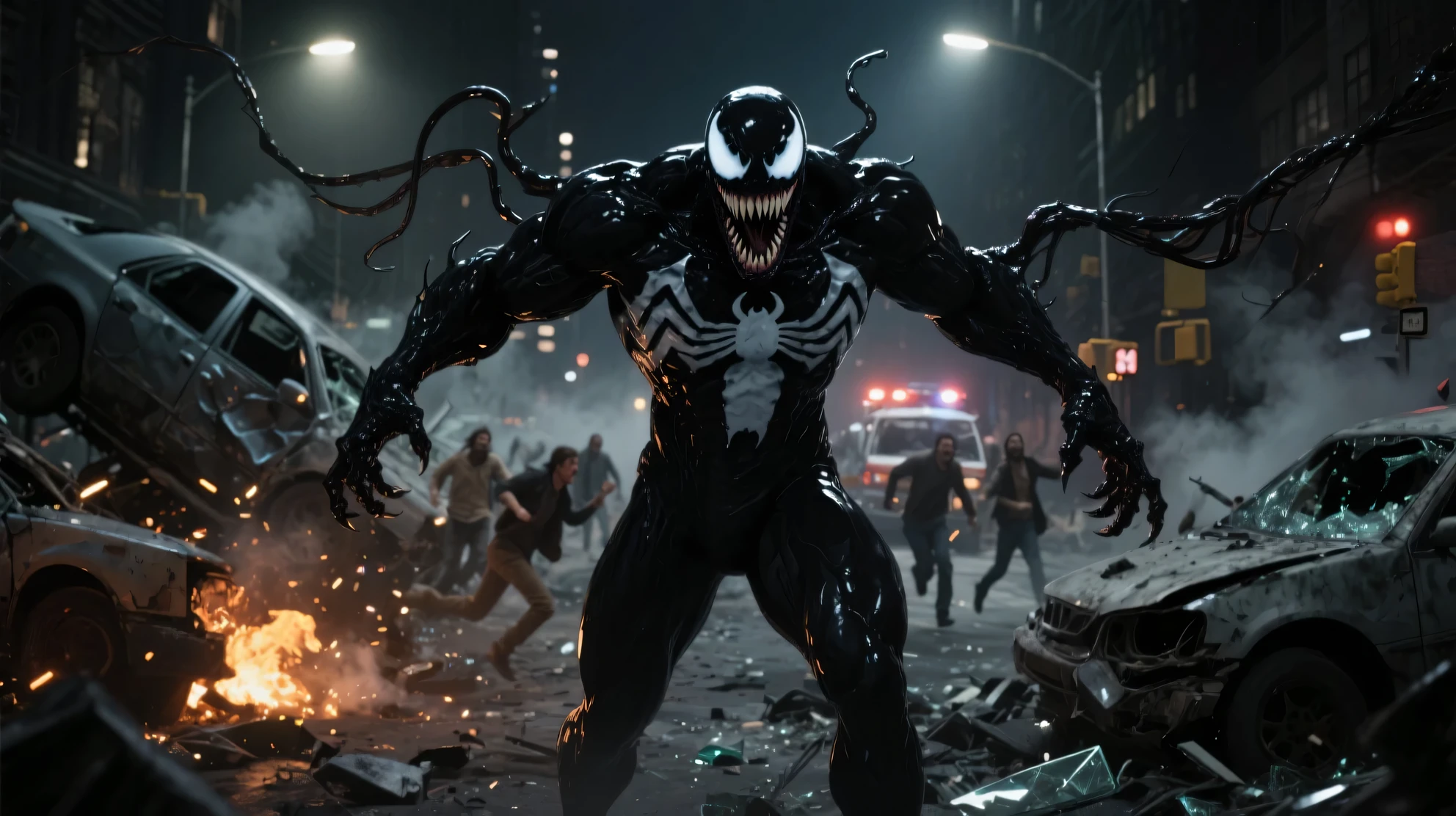 a still of venom in jurassic park, intricate, 8k, artstation, highly detailed, intense, sharp focus, art by cgsociety