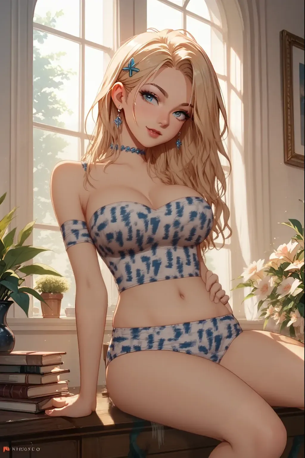 (best quality,highres),(realistic:1.37),(portrait),(studio lighting), busty hot milf, bimbo, curvy, ((voluptuous thick juicy ass)), (perfect round ample butt cheeks), (underbutt), (over the shoulder), from behind, voluptuous round breasts, underboob, wide sexy naked hips, strong sexy thighs, wide ass, straight luscious detailed strawberry blonde hair, dusty blue eyes, full red juicy lips, seductive, choker, mostly naked, bottom heavy, ample midsection, pawg, fit, raunchy, mouth watering, (seductive), perfect sexy female form, small waist, sexy hips, wearing painting apron, paint splotches, full body, ((photorealistic)), max detail, max quality