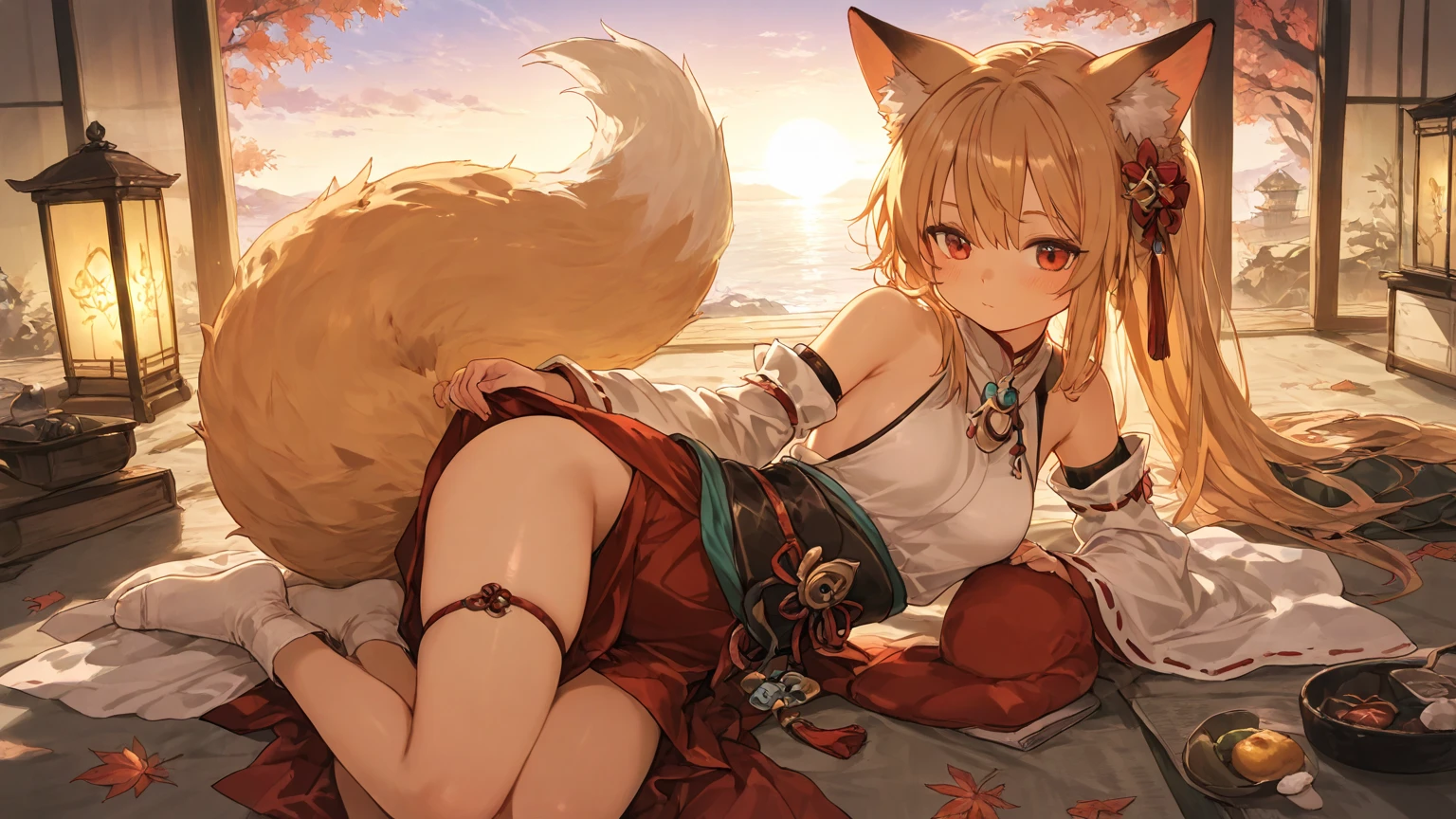 The pale blonde haired loli was lying on her side，Wear white stockings，Has flat fox ears，wearing kimonos，high high quality，tmasterpiece，Detailed landscapes，The characters are meticulous