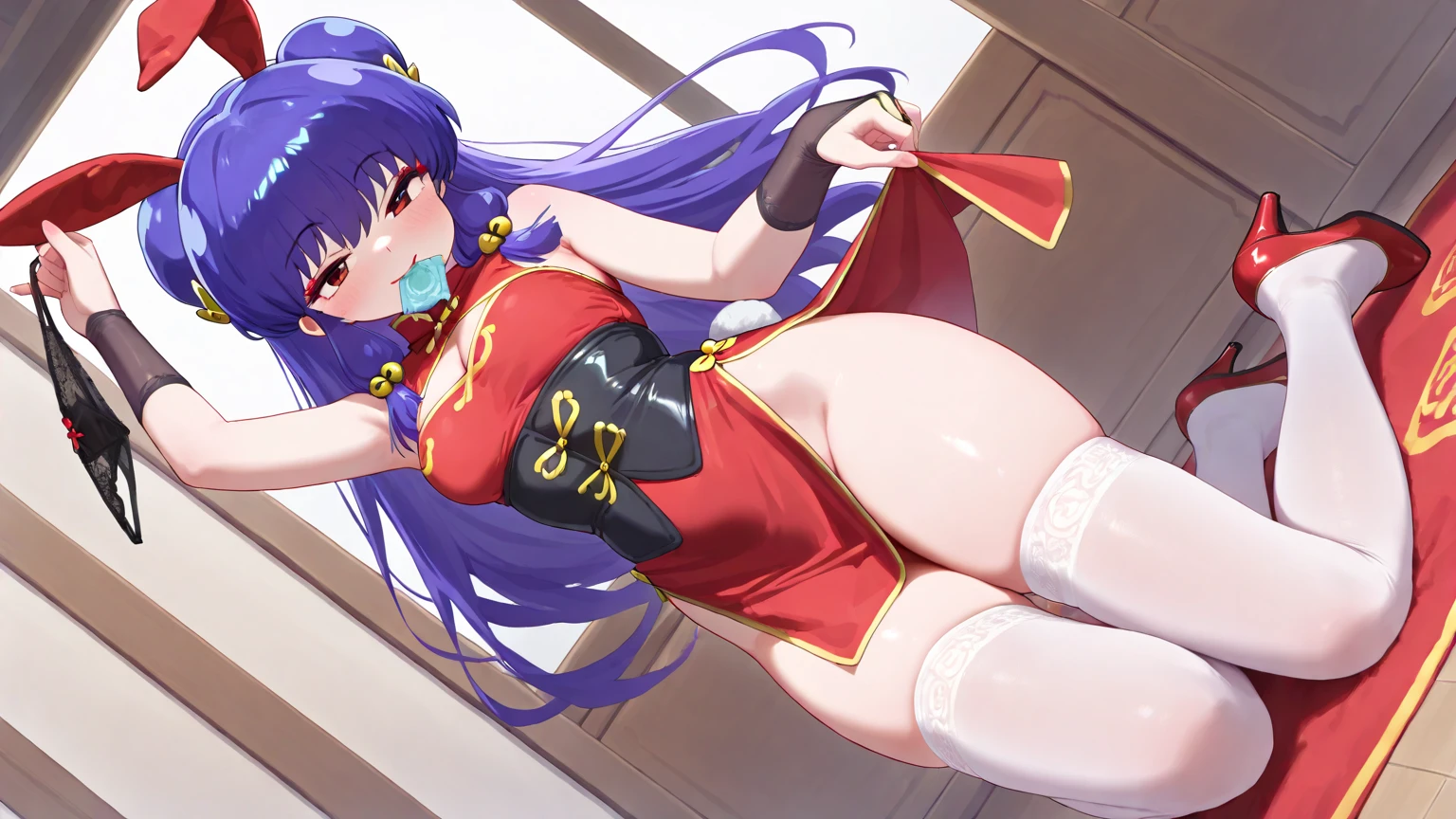 anime girl in a blue dress sitting on a red rug, beautiful anime girl squatting, seductive anime girl, by Yang J, beautiful alluring anime woman, keqing from genshin impact, extremely detailed artgerm, long elegant tail behind, the anime girl is crouching, guweiz, japanese goddess, trending on cgstation