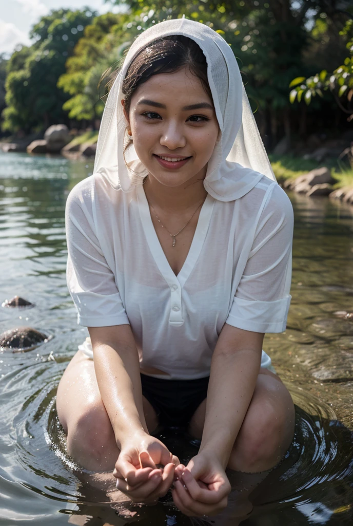 1 malay girl in hijab naked kneeling and smiling in a dark forest looking to the viewer, top angle shot, pov from top, very wet body, very wet face with lot of cum, naked, big tits, 8k, RAW photo, best quality, masterpiece:1.2),(realistic, photo-realistic:1.37)
