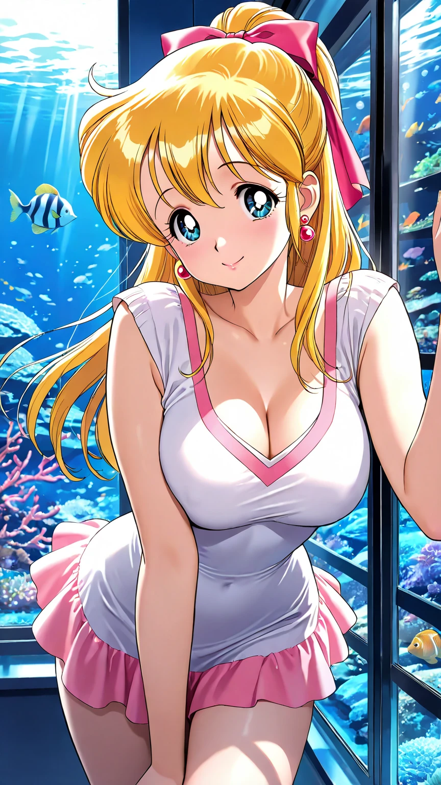 a beautiful 20 year old blonde Jaime Bergman with big messy hair in a blue dress, white stockings, black headband, cleavage, holding a glowing mushroom, fantasy art style,  cartoon vibrant, cute detailed digital art, colorful digital fantasy art, digital fantasy art ), glossy digital painting, pastel vibrant,