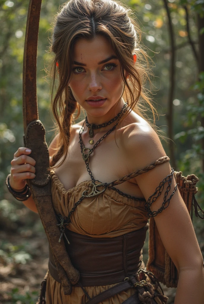 Hyper-realistic photo. In the forest, an elvish young teenager Lana Del Rey with light-brown hyper-curly hyper-long hair tied in multiple little braids, is aiming with a bow and arrow. She is wearing a light short outfit, she also has pointy ears. Hyper-realistic face and body. Hyper-intricate hair details. Lots of details on the skin, the fabric, the face, and the environment. 8K, HDR sharp quality.