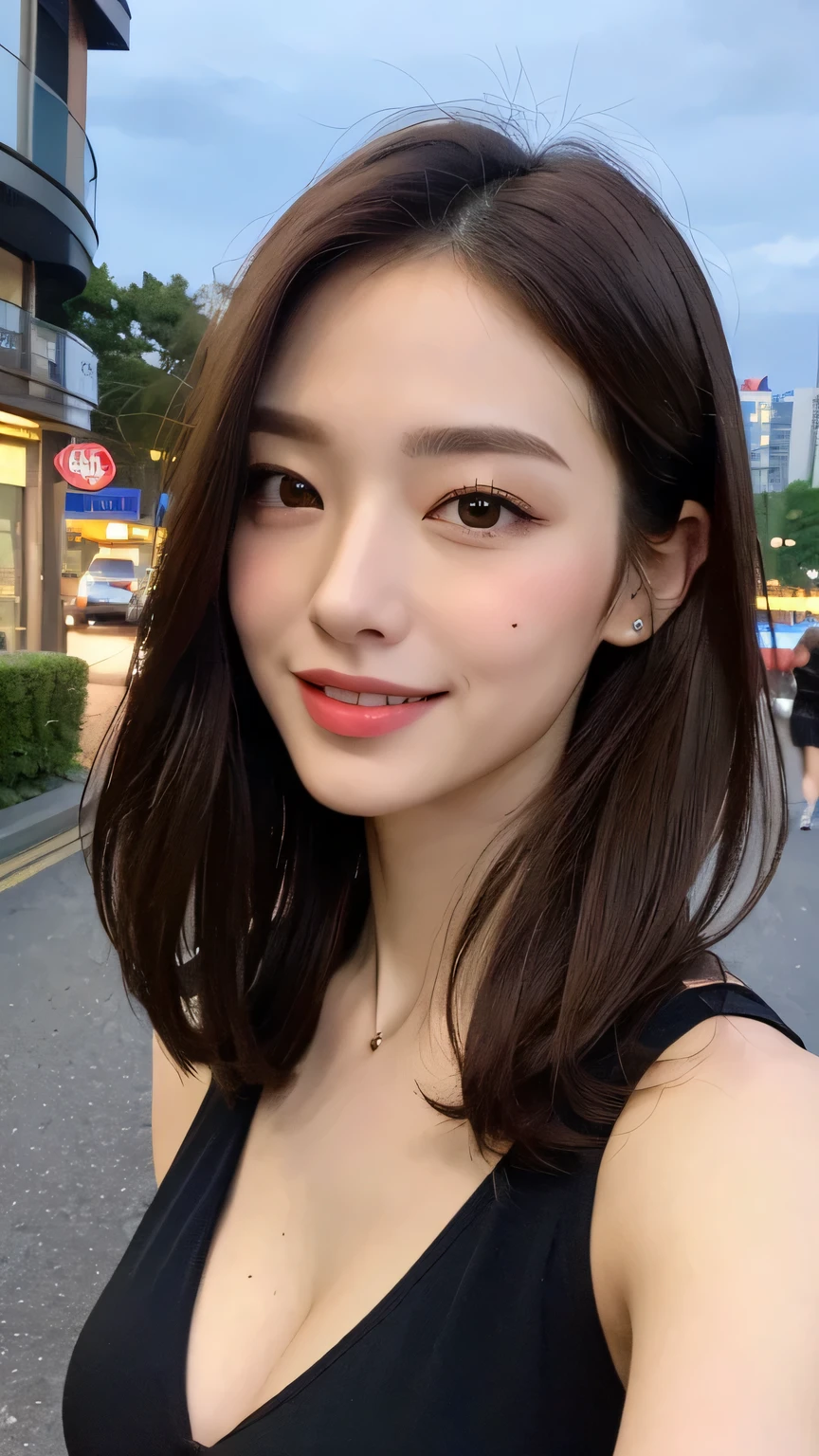 ((highest quality, 8k, masterpiece:1.3)), concentrated: 1.2, Perfect body beauty: 1.4, Hips: 1.2, ((Layered Haircut, chest: 1.2)), (Wet clothes: 1.1), (rain, street:1.3), Bandeau dress: 1.1, Highly detailed face and skin texture, Beautiful Eyes, double eyelid, Whitening skin, Pink Hair、Long Hair, (shut up: 1.3), smile