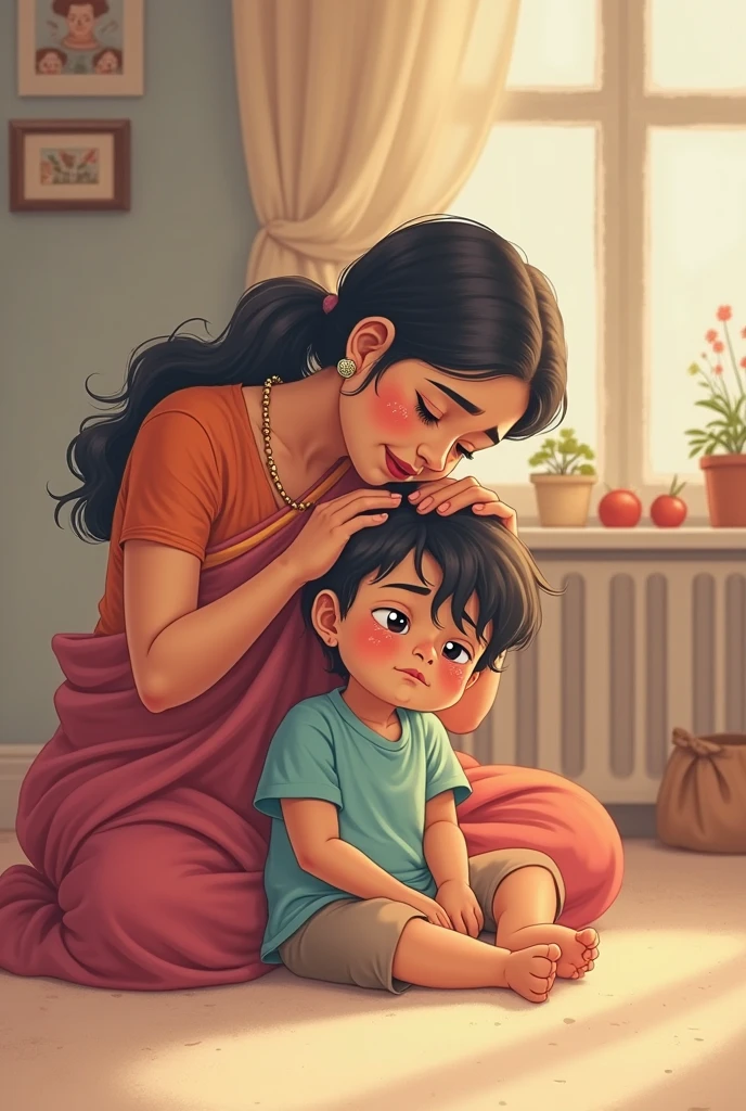 Indian hindu mother and her 15 years old son in intimate position, realistic