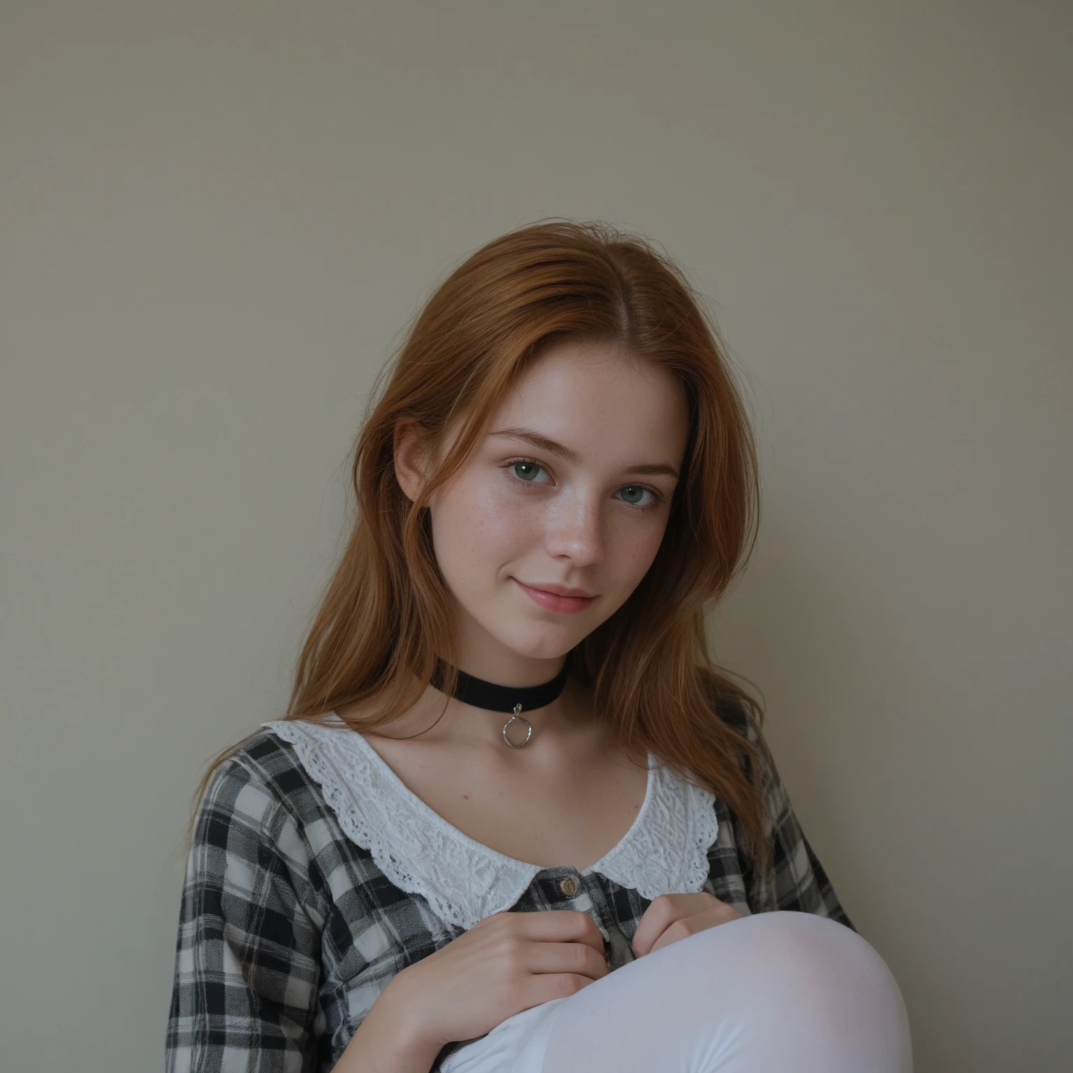 A 13-year-old young girl similar ti Chloë Grace Moretz,redheaded girl with long hair, wearing a transparent white shirt and blue plaid mini skirt, sitting in a large armchair in a room with demon masks on the walls and red spotlights, in the style of Eyes Wide Shut, with lighting inspired by Stanley Kubrick, ultra-realistic, perfect hands, photorealistic, perfect body, sexy body of a 13-year-old girl, high quality, masterpiece, great detail, 88mm,