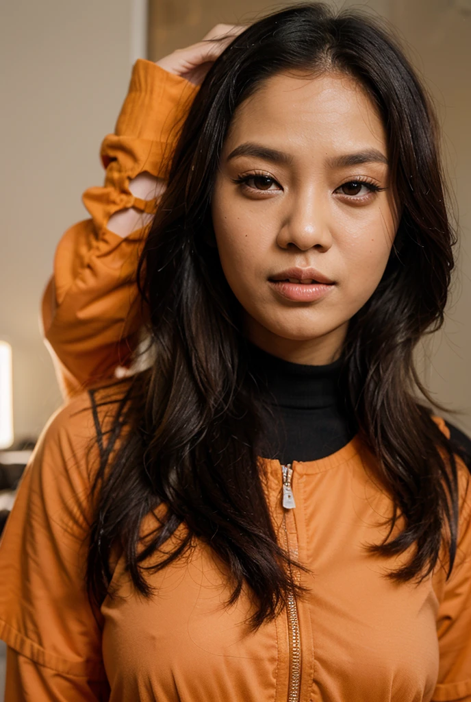 long shot portrait of cute 23 yo girl, (natural breast) ,wear ((orange color oversized hoodie)), wear ((purple tennis skirt)),looking front,Best Quality,Masterpiece,Ultra High Resolution,(Realisticity:1.4),Original Photo, 1Girl, light leak,ultra high resolution,UHD,beautiful, (black bob hair), almond eye, no makeup, in front of (80's mondrian architecture motel), (realistic:1.2), (surreal:1.3), (very detailed:1.1), ((masterpiece)),summer, blue sky, palm trees,sunny, los angles vibes,film camera, 800mm lens,style of Philip Lorca diCorcia